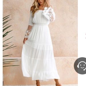 White Off Shoulder Flare Sleeve Lace Maxi Dress